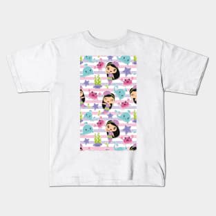 Cute Beautiful Mermaid & Dolphin Fish Pattern Artwork Kids T-Shirt